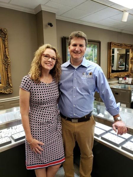 Danelle and Wayne together in the showroom at David’s Jewelry & Coin Exchange in College Station.