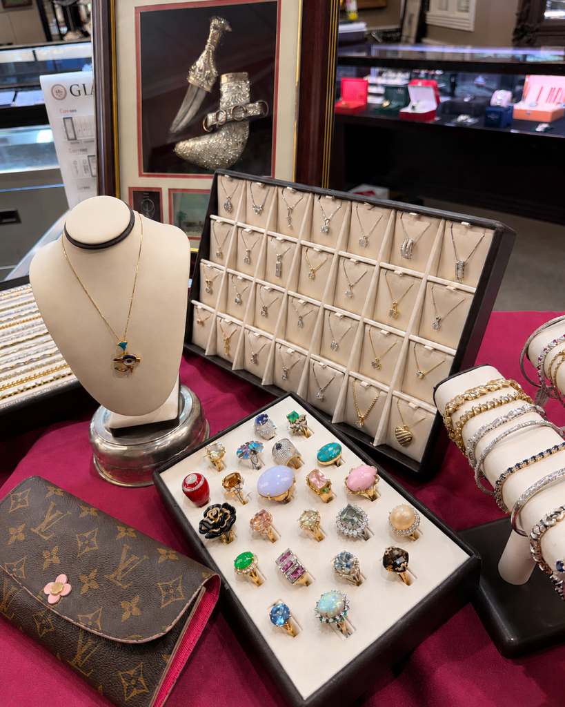 Necklaces and earrings displayed at David’s Jewelry and Coin Exchange.