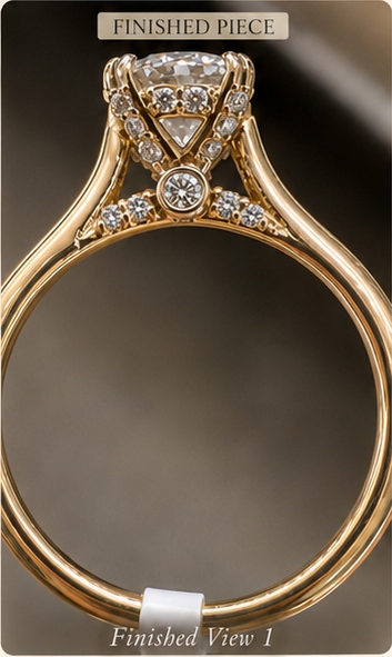 Front view of the finished custom gold diamond ring.