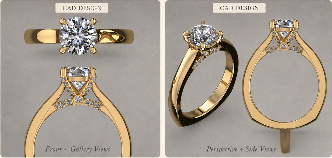 Two CAD design panels showing a custom gold diamond ring from front, gallery, perspective and side views.