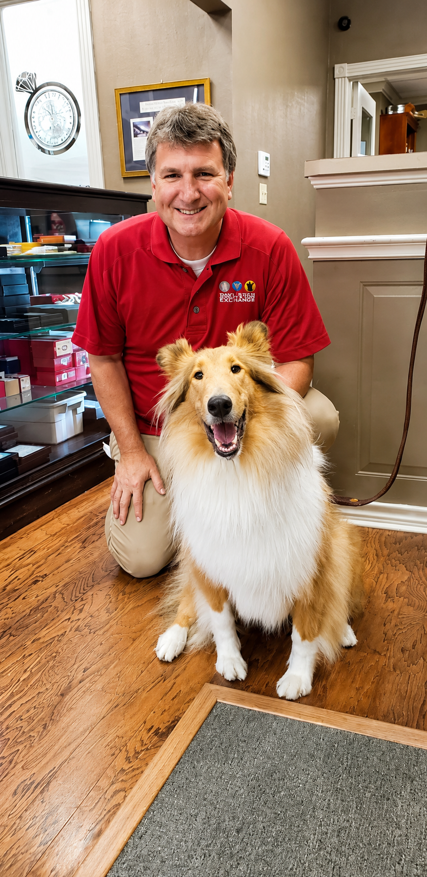 Wayne with Reveille, the Texas A&M mascot, inside David’s Jewelry & Coin Exchange.