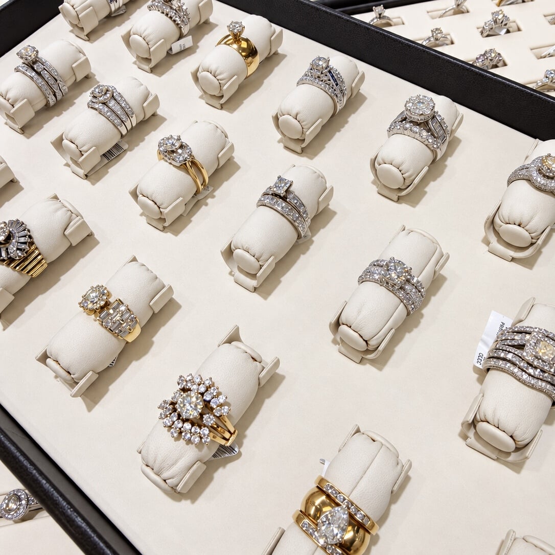 Engagement rings and matching wedding bands in showroom display trays.