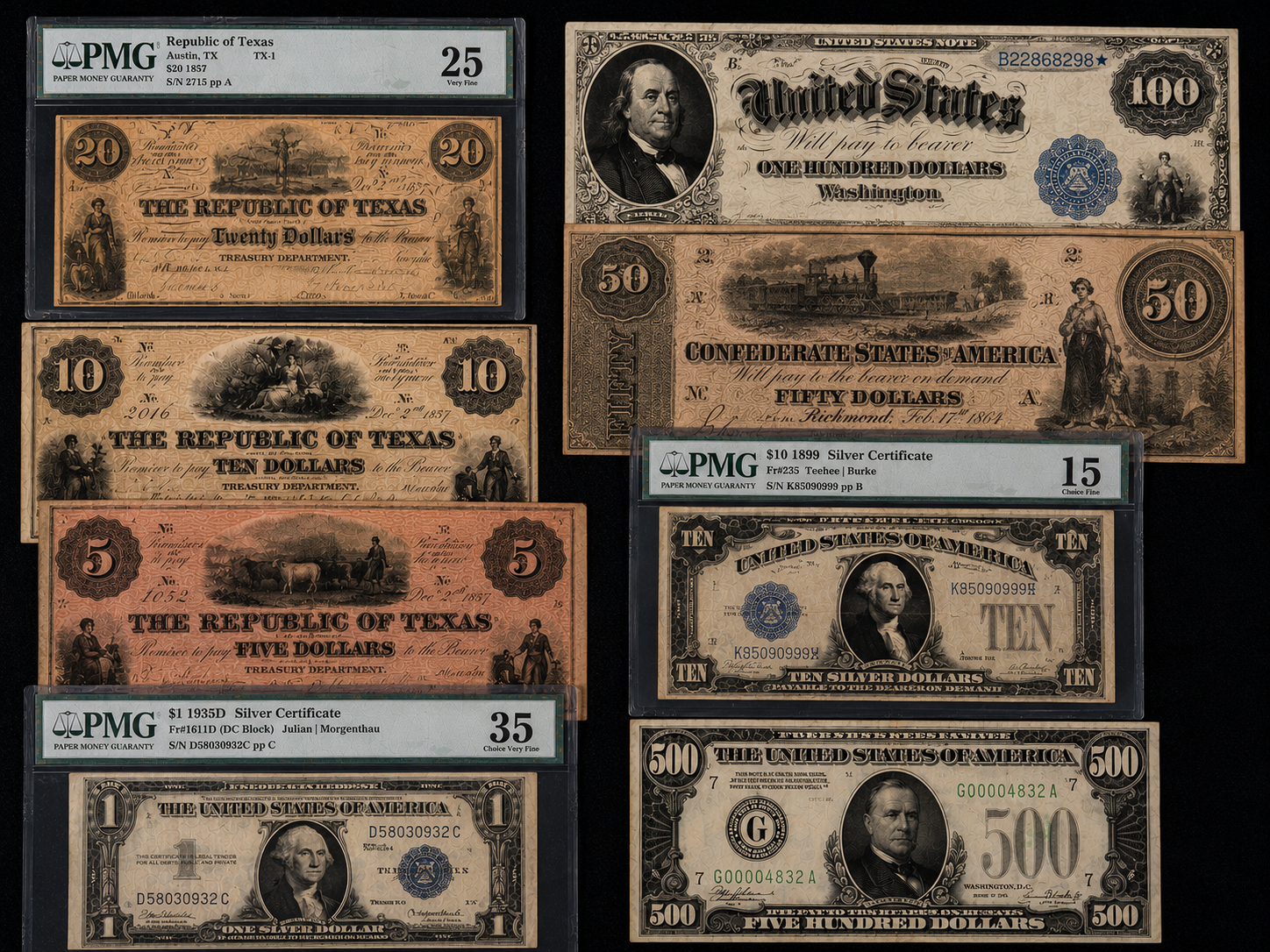 Several historical United States banknotes displayed together.