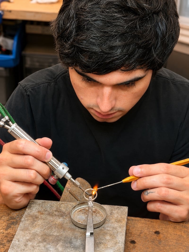 A jeweler works on a custom piece at the repair bench in our College Station showroom.