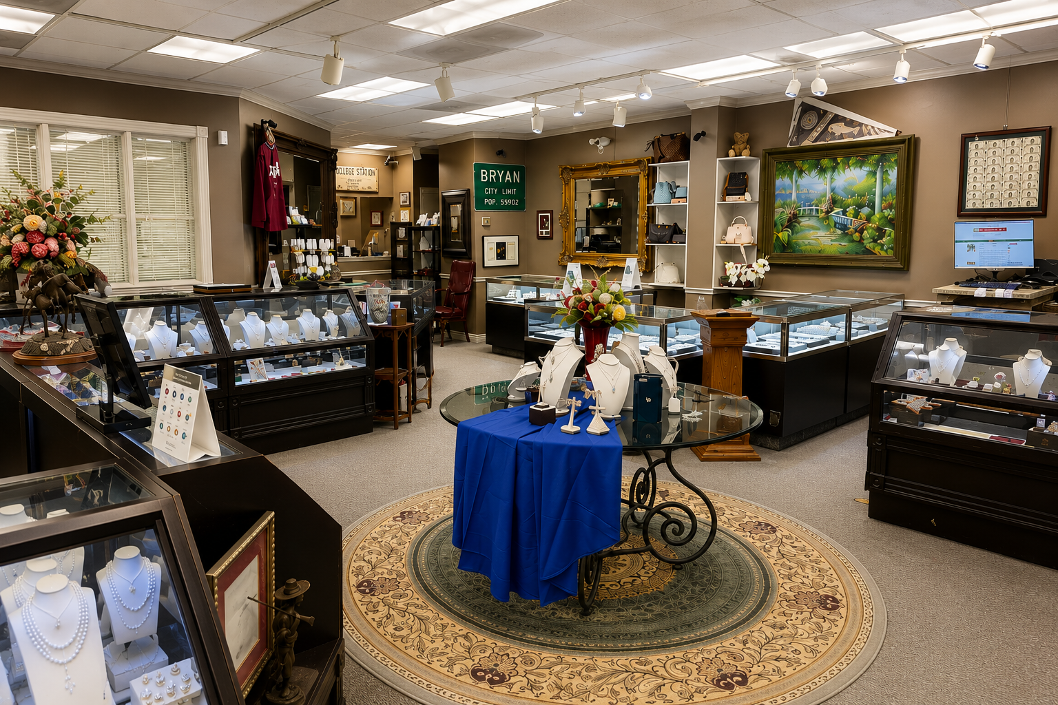 Jewelry display cases and necklace stands across the David’s Jewelry & Coin Exchange showroom in College Station.