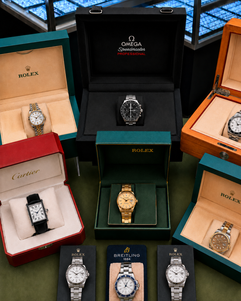 Luxury wristwatches displayed in individual presentation boxes.