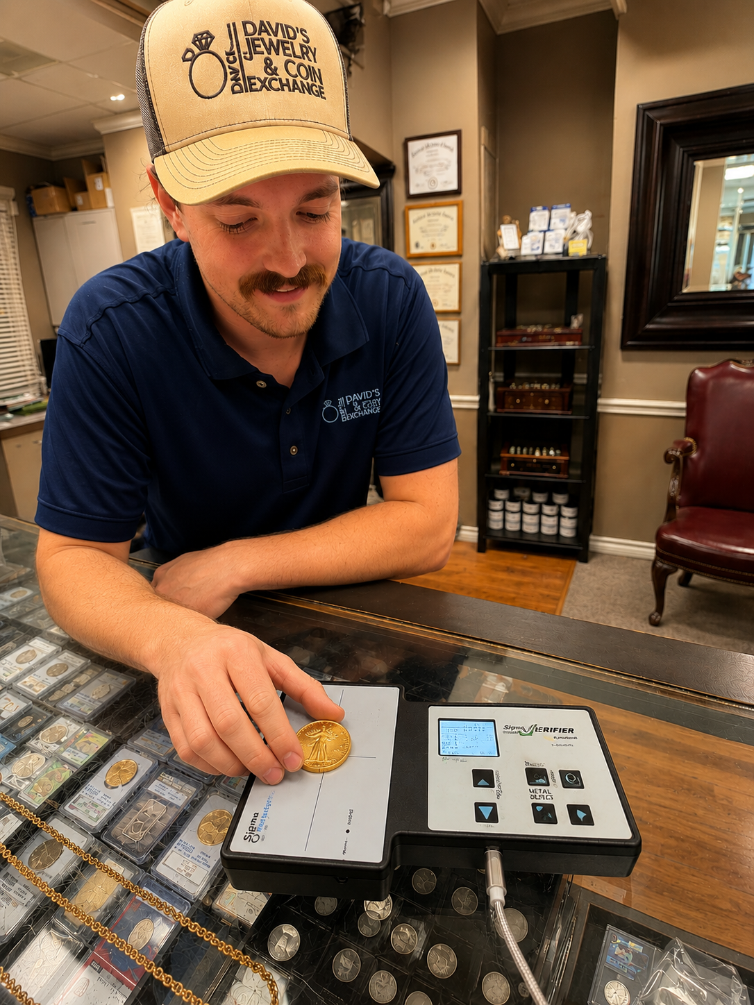 Matt tests a gold coin with a precious-metal testing device at David’s Jewelry & Coin Exchange.